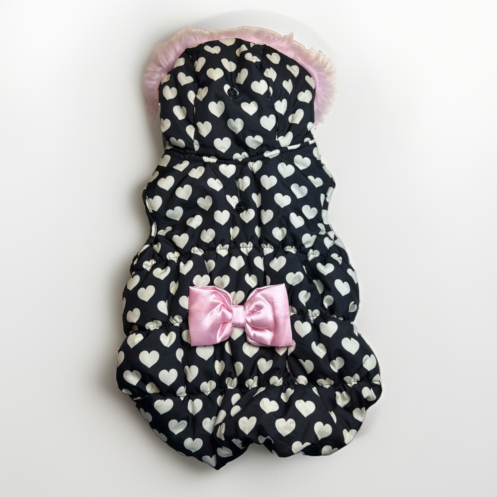 Dog Puffer Hoodie Jacket Winter Coat Outdoor Black White Hearts Pink Trim Bow Sm